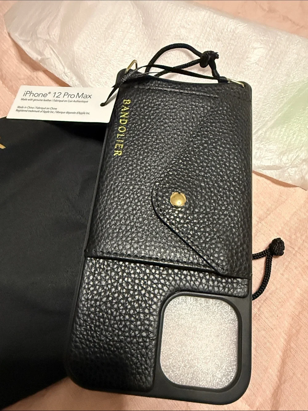 New Bandolier Black Leather Crossbody Phone Case with Card Pocket